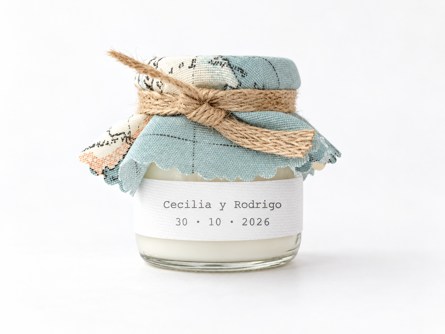 Vela personalizada para boda con tela mapamundi