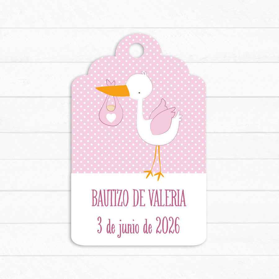 Etiqueta Bautizo Cigüeña Rosa