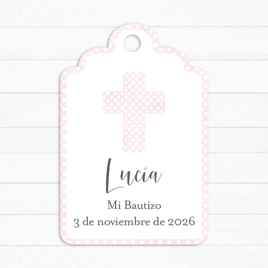 Etiqueta Bautizo Cruz Rosa