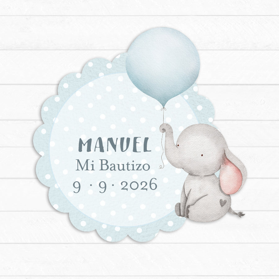 Etiqueta Bautizo Elefante Azul