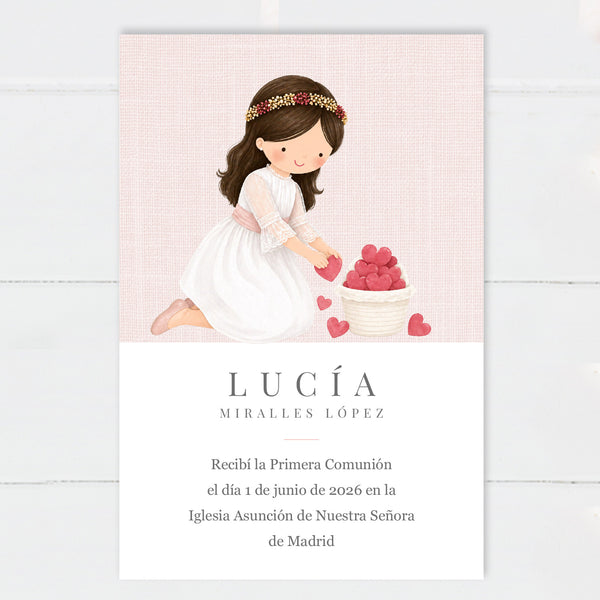 Recordatorio Comunión Niña Corazones