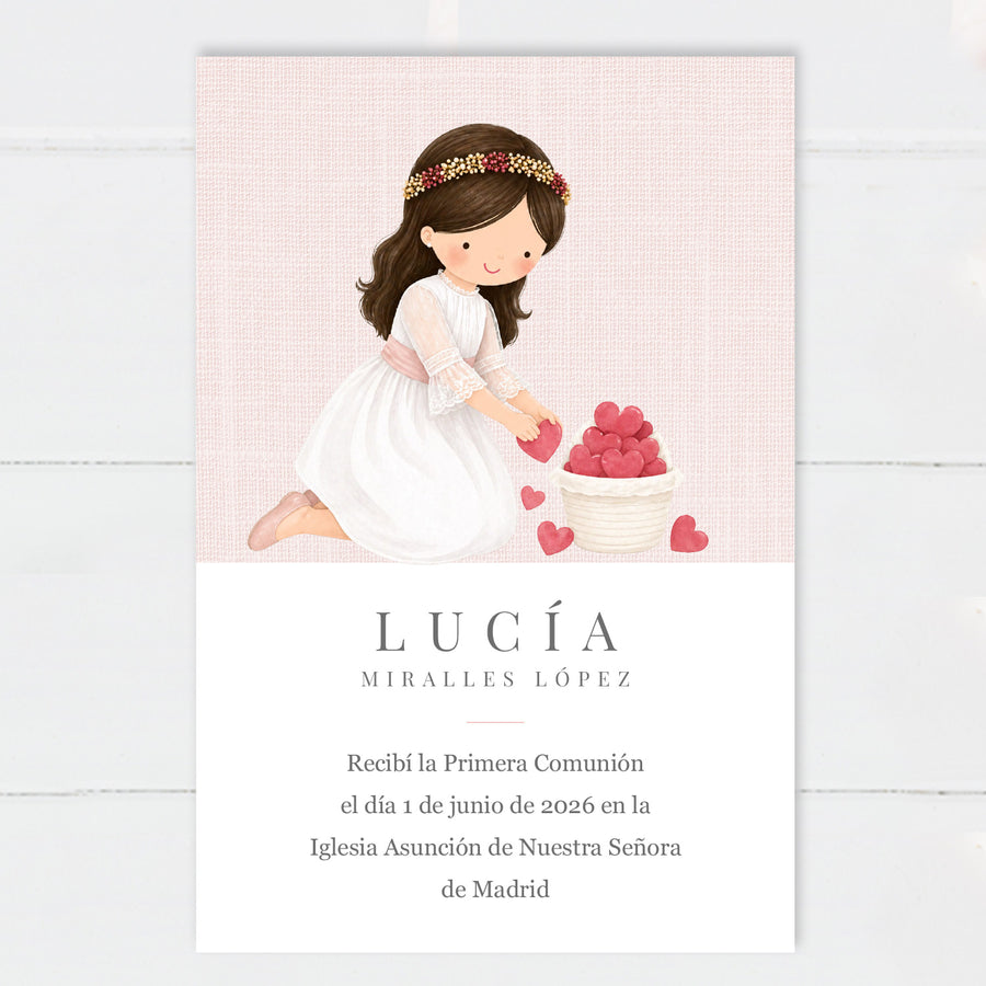 Recordatorio Comunión Niña Corazones