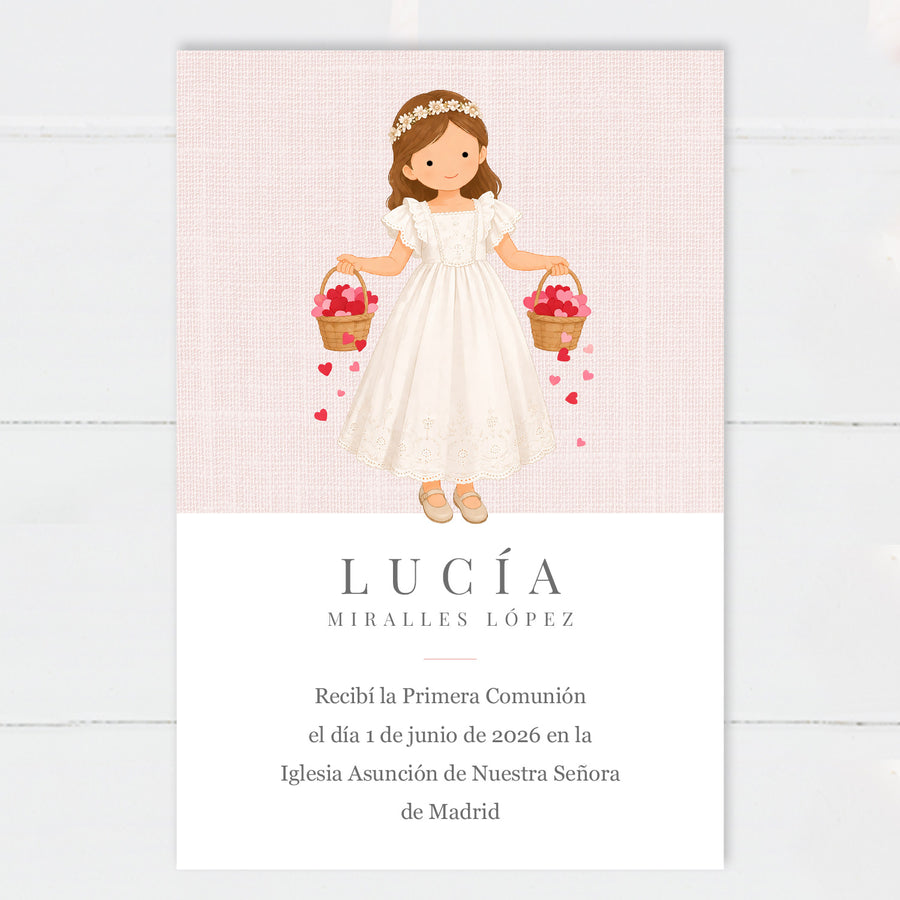 Recordatorio Comunión Niña Cestas Corazones