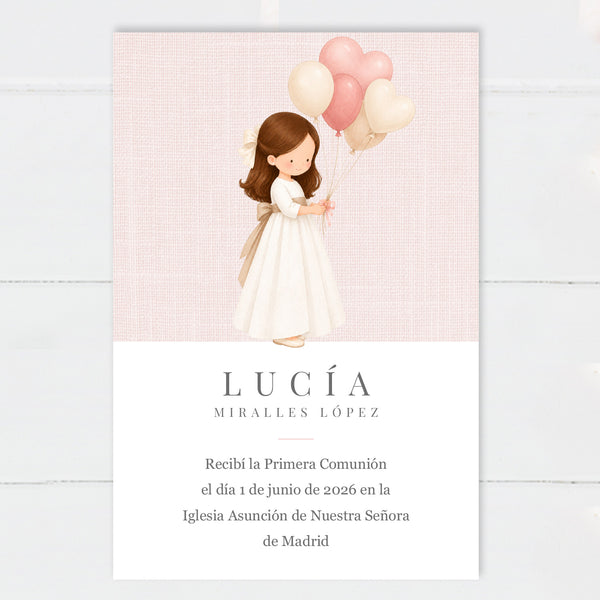 Recordatorio Comunión Niña Globos