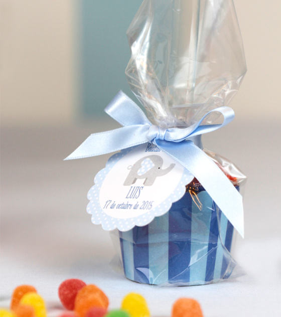 Caja chuches personalizada bautizo elefante globos azul